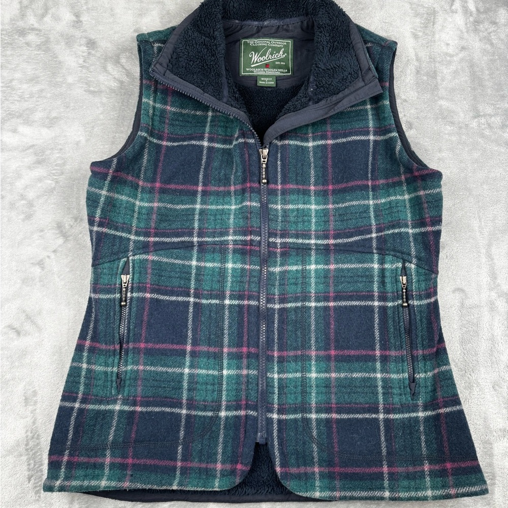 Woolrich Plaid Wool Blend Vest Womens S Fleece Lined Green Navy Full Zip